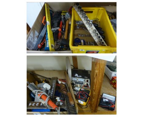 A collection of hand tools including sockets, spirit level, mallets, chisels, clamps, Clarke CDM HT700 multimeter and a Watso