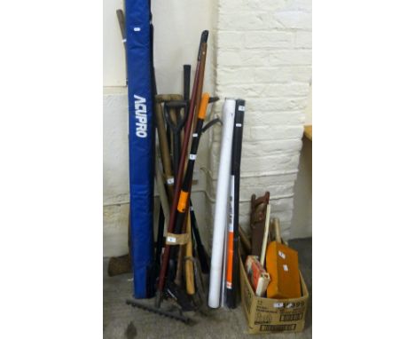 A cased Acupro professional spirit level, together with a collection of garden tools including rakes, forks, Stanley '4' plan
