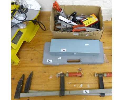 A cased socket set, comprehensive cased drill bits, sash clamps, selection of hand tools  