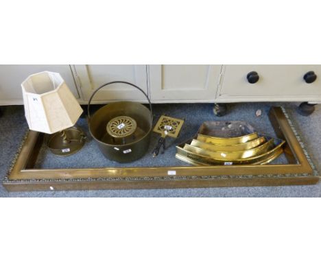 A substantial brass fire guard together with brass jam pan, trivets, brass fronted fire ashtray and barley twist brass table 