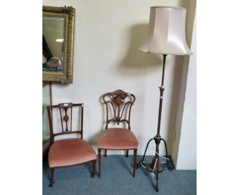 A pink upholstered Edwardian inlaid rosewood salon chair, a similarly upholstered Edwardian inlaid mahogany nursing chair and