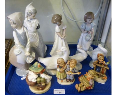 Four Hummel figures, two Lladro ducks, a Nao goose and four Nao figurines (11)