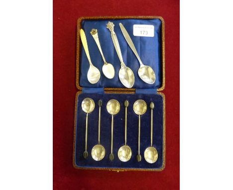 Georg Jensen, an acorn pattern teaspoon, London 1963, another Jensen spoon, two enamel spoons and a silver set of coffee bean