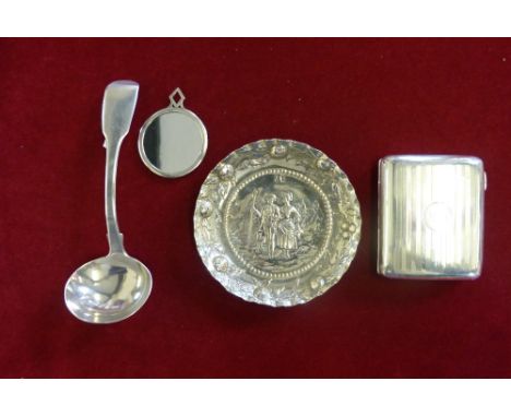 A silver fiddle pattern gravy ladle London 1828, a silver dish, mirror and cigarette case