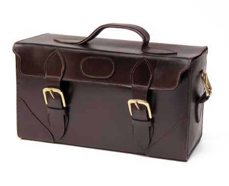 THE PATRIK LEATHER CO. A NEW AND UNUSED BROWN HARNESS LEATHER SUEDE-LINED CARTRIDGE HOLDER, leather shoulder strap and brass 