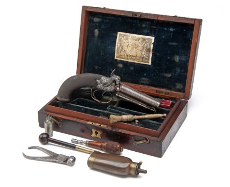 W. PARKER, LONDON A FINE CASED 50-BORE PERCUSSION DOUBLE-BARRELLED TRAVELLING-PISTOL, no visible serial number, circa 1835, w