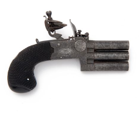PROSSER, LONDON A RARE 140-BORE FLINTLOCK TRIPLE-BARRELLED OVER-UNDER TAP-ACTION POCKET-PISTOL, no visible serial number, cir