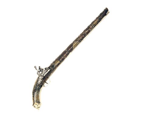 A 20-BORE MIQUELET-LOCK PISTOL WITH WHITE-METAL DECORATION AND OF EXTRAORDINARY SIZE, UNSIGNED, no visible serial number, Isl