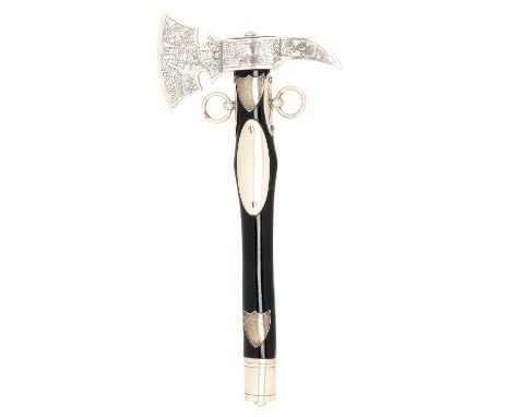 A GERMAN WW2 PRESENTATION FIRE AXE, UNSIGNED,measuring approximately 13in. overall, heavily nickel plated axe head with etche