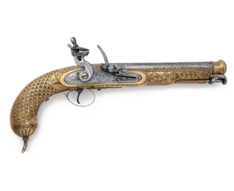A 16-BORE FLINTLOCK BRASS-STOCKED HOLSTER-PISTOL FOR THE INDIAN MARKET, UNSIGNED, no visible serial number, circa 1815, with 