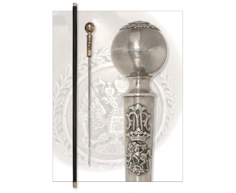 A RUSSIAN SILVER MOUNTED BALL-TOPPED SWORD-STICK, Russian (Moscow) hallmarks dated for 1884, with 18 3/4in. cruciform blade (