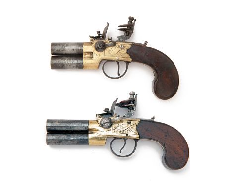 TWO FLINTLOCK BRASS-BODIED TAP-ACTION POCKET-PISTOLS, both circa 1795, the first of 32-bore and signed 'BUNNEY', with plain t