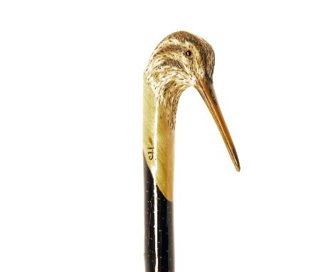 IAN JAMES A FINE NEW AND UNUSED HAND CARVED SPORTSMAN'S STAFF, measuring approx. 46 1/2in. in length, with hard wood shaft, t