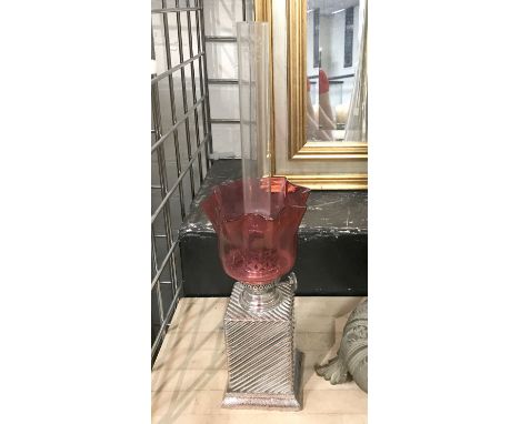 VICTORIAN SILVER PLATE BOUDOIR OIL TABLE LAMP WITH CRANBERRY SHADE - 40 CMS