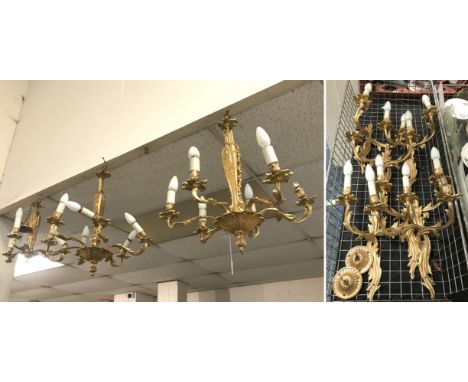3 GILT CHANDELIERS WITH 3 PAIRS OF WALL LIGHTS - PAIR HEIGHT 67CM WIDTH 53CM, SMALL HEIGHT 38CM WIDTH 35CM &amp; WALL LIGHT H