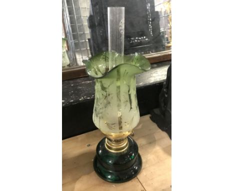VICTORIAN OIL LAMP (BOUDOIR) WITH GREEN GLASS BASE &amp; ETCHED GREEN GLASS SHADE TULIP DESIGN - 35 CMS