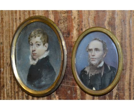 Early 19th Century oval portrait miniature on ivory of a young boy with ruff collar, together with another later 19th Century