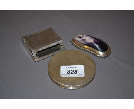 Barraud and Co. circular engine turned decorated compact, a Chinese silver vesta case and a silver plate mounted snuff box wi