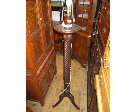 19th Century mahogany spiral twist bedpost standard lamp on tripod support