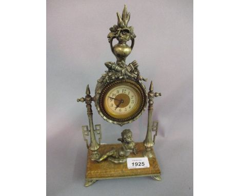 French silvered metal and marble mantel clock, the hinged dial raised on end supports with a seated cherub below