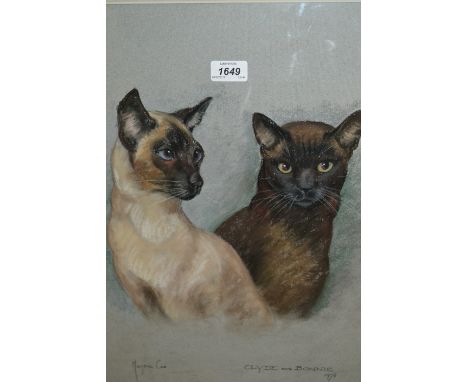 Pastel portrait of two Siamese cats, signed and dated 1976, 20ins x 17.5ins, framed