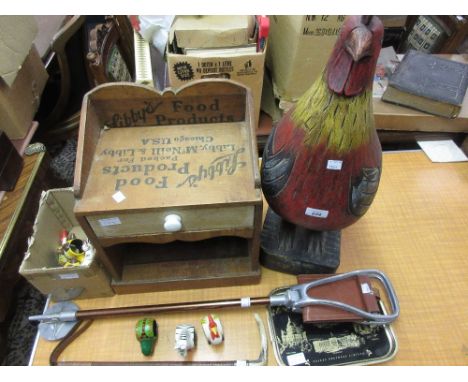 Large 20th Century carved wooden and painted figure of a cockerel, small single drawer cabinet made from packing cases, shoot