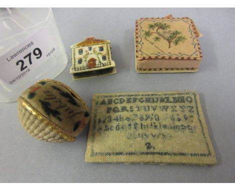 Group of four various 19th Century pin cushions, one in the form of an alphabet sampler