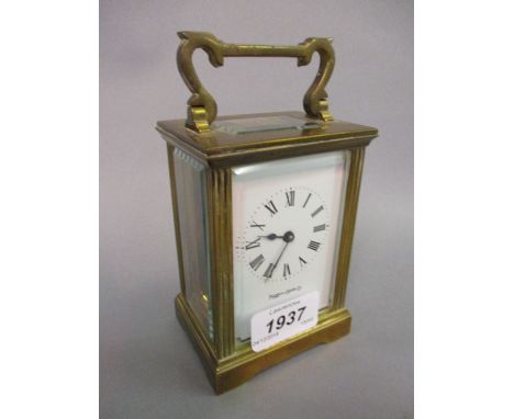 20th Century Mappin and Webb brass cased carriage clock having enamel dial with Roman numerals