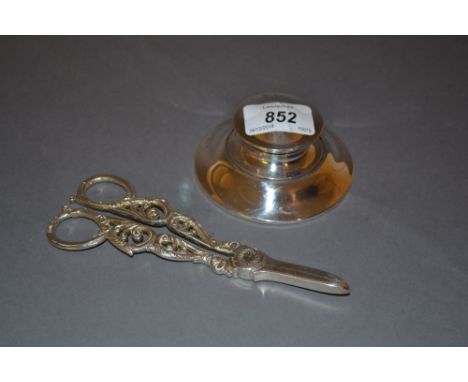 Pair of Mappin and Webb London silver grape scissors together with a silver Capstan inkwell