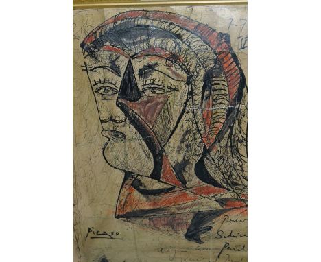 Manner of Picasso, mixed media on paper, head study, bearing signature, 13.5ins x 10ins, gilt framed