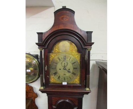 George III mahogany longcase clock, the broken arch hood with flanking pilasters above an arched moulded panelled door and co