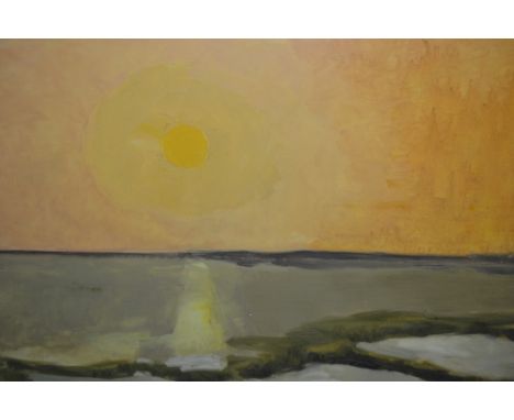 Margaret Harmsworth, oil on canvas, coastal sunset and another, seascape with green sea and blue sky
