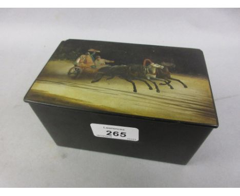Late 19th / early 20th Century Russian papier mache tea caddy, the hinged cover painted with a troika scene, the interior mar
