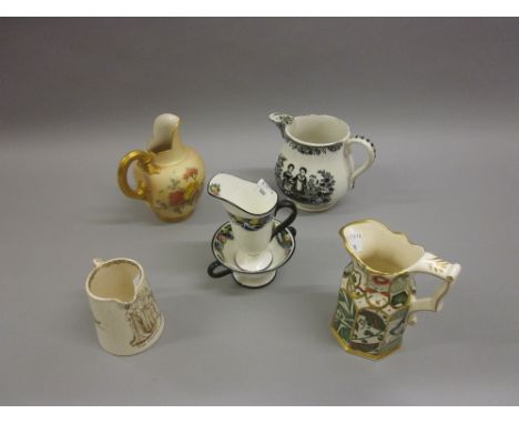 19th Century black and white transfer printed jug, a transfer printed nursery jug, Royal Worcester blush ivory jug, Masons ju