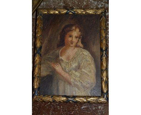 Small 19th Century oil on millboard, portrait of a young lady in a white gown