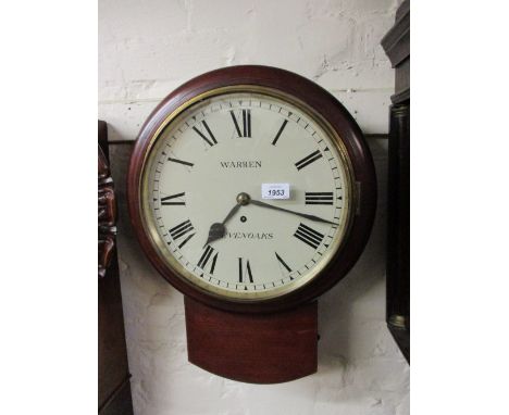19th Century mahogany circular drop-dial wall clock, the painted dial with Roman numerals, signed Warren, Sevenoaks, with a s