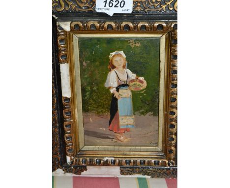 Pair of oil paintings on print base, study of a Continental boy and girl in ebonised and gilt frames together with a pair of 