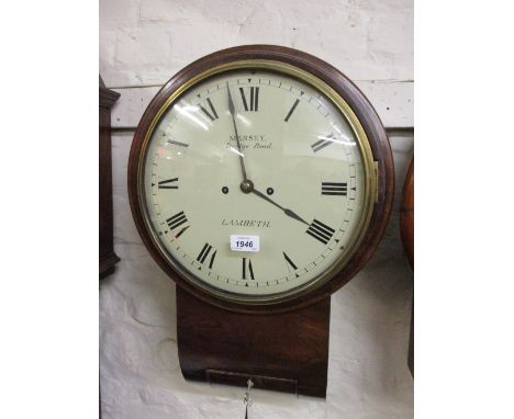 19th Century mahogany circular drop-dial wall clock, the painted dial with Roman numerals, signed Massey, Bridge Road, Lambet