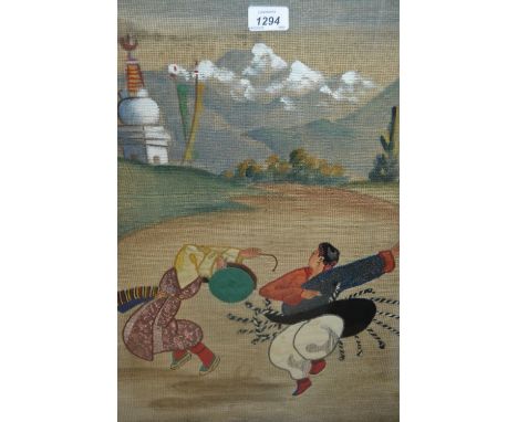 Japanese textile picture of figures in a landscape together with a modern Chinese print, portrait of a boy in a box frame CON