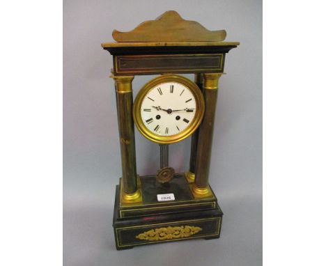 19th Century French rosewood brass inlaid and ormolu mounted portico clock with an enamel dial, Roman numerals and gilded bez