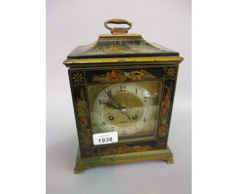 Early 20th Century black chinoiserie lacquered mantel clock, the brass dial with silvered chapter ring having Arabic numerals
