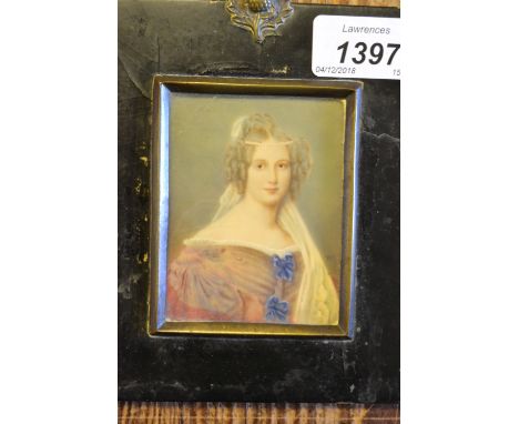 19th Century miniature watercolour on ivory, head and shoulder portrait of a lady with a pearl head band, signed Pitt, togeth