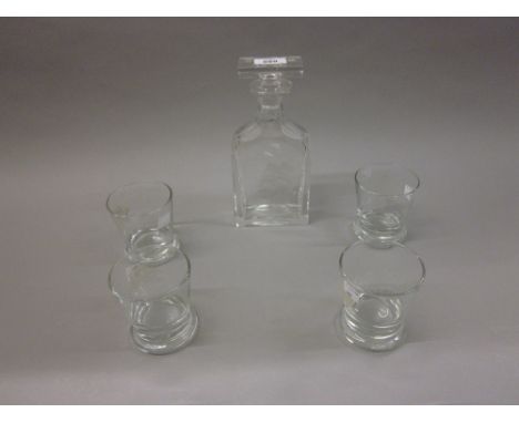 Modern etched glass decanter decorated with a sailing boat together with a set of four similar glasses