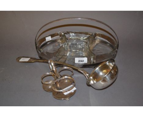 Silver plate four section hors d'oeuvres stand with glass liners, large plated ladle, condiment stand