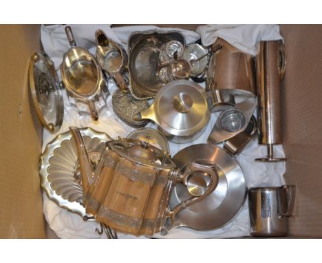 Three piece silver plated Britannia metal tea service together with a quantity of other plated items and a Foldhall stainless