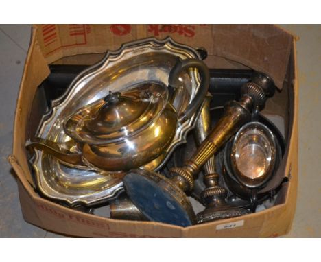 Quantity of miscellaneous silver plate to include: condiment stand, pair of candlesticks, three piece tea service etc
