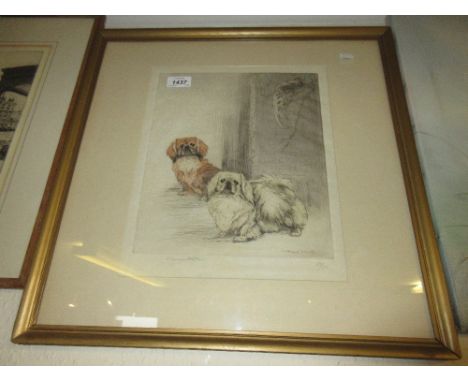 George Vernon Stokes artist Limited Edition etching, study of Pekinese dogs, 11.5ins x 9.5ins, gilt framed