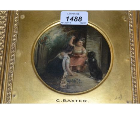 Attributed to C. Baxter, 19th Century oil on millboard, children playing with a dog, circular mounted gilt framed