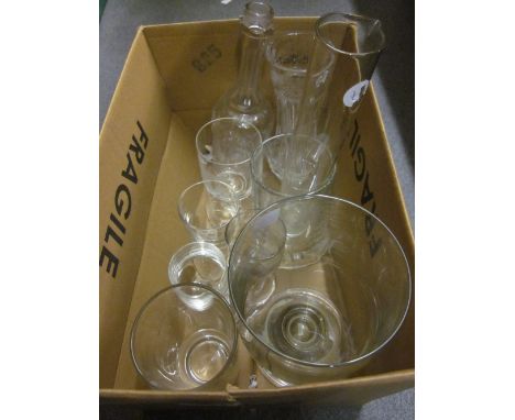 Large plain glass pedestal goblet, an antique facet cut decanter together with various mugs, pedestal glasses and a beaker