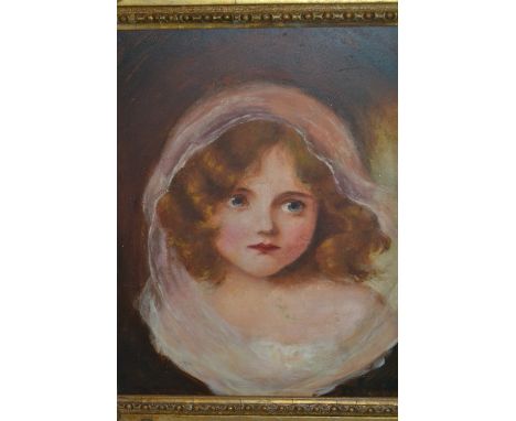19th Century oil on board, portrait of a child with lace head scarf, 11ins x 9.5ins
